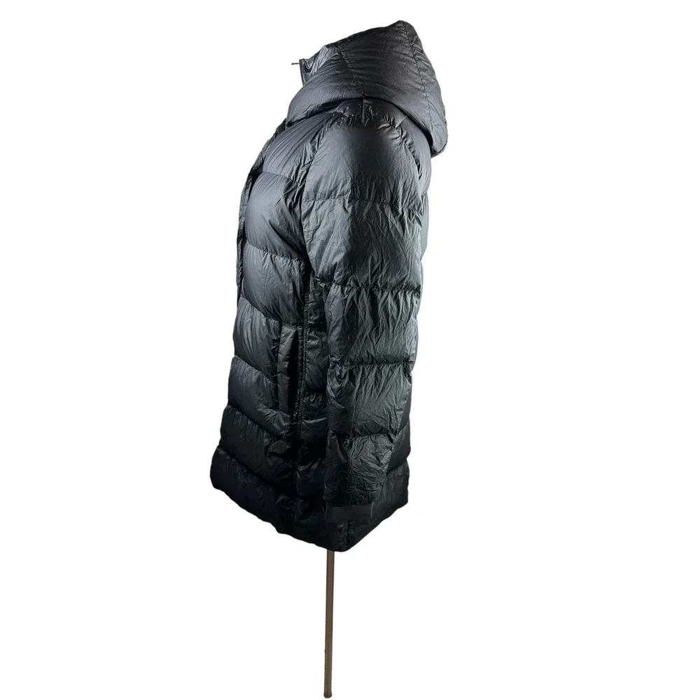 Athleta Lofty Down Coat Goose Down Black Puffer Hooded Puffy Long Coat Medium - Picture 5 of 16